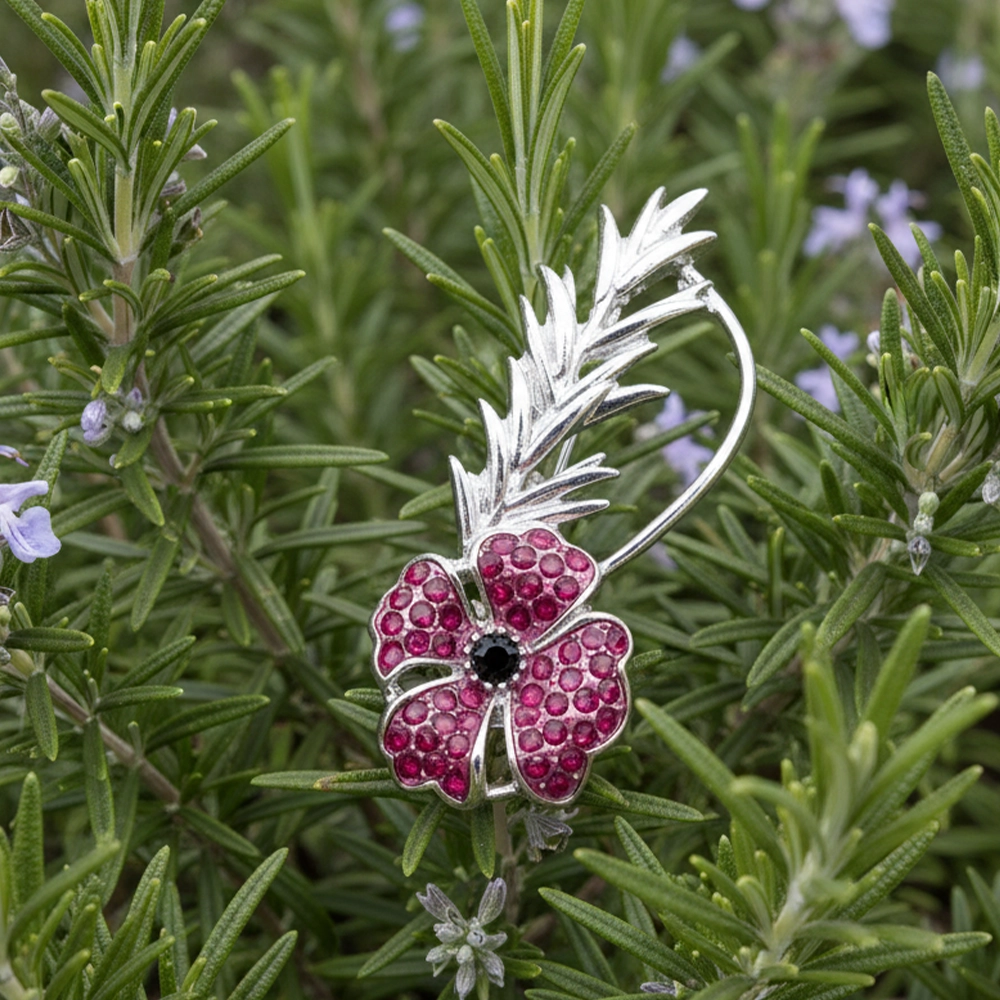 Model wearing Black Fire Opal Poppy Brooch